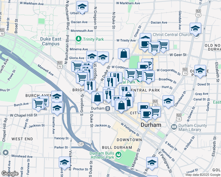 map of restaurants, bars, coffee shops, grocery stores, and more near 610 West Morgan Street in Durham