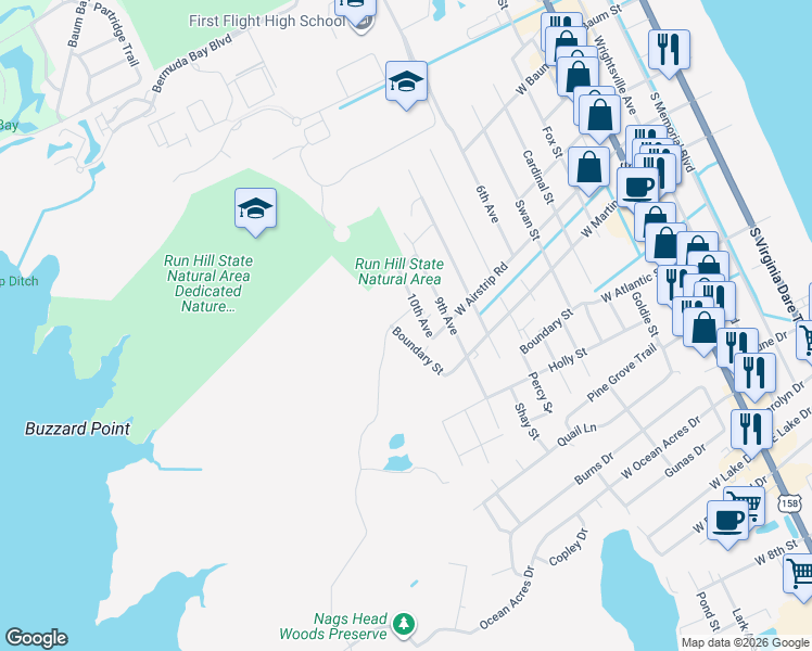 map of restaurants, bars, coffee shops, grocery stores, and more near 1005 Boundary Street in Kill Devil Hills