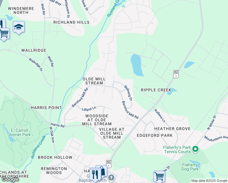 map of restaurants, bars, coffee shops, grocery stores, and more near 424 Ferry Court in Wake Forest