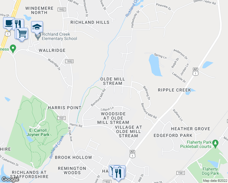 map of restaurants, bars, coffee shops, grocery stores, and more near Newquay Lane in Wake Forest