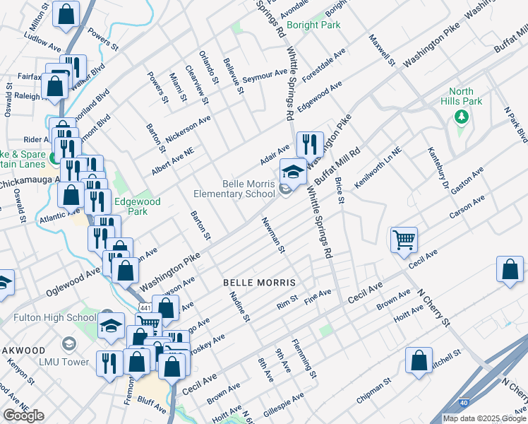 map of restaurants, bars, coffee shops, grocery stores, and more near 2200 Washington Pike in Knoxville