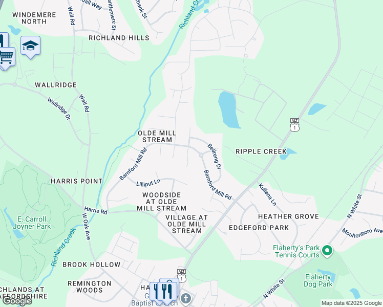 map of restaurants, bars, coffee shops, grocery stores, and more near 424 Ferry Court in Wake Forest