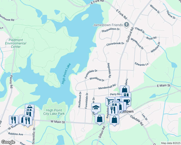 map of restaurants, bars, coffee shops, grocery stores, and more near 404 Forestdale Drive in Jamestown