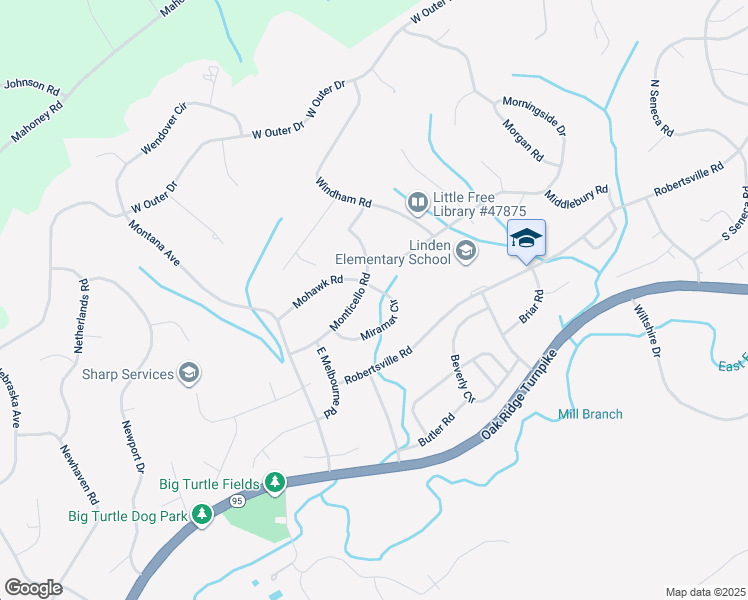 map of restaurants, bars, coffee shops, grocery stores, and more near 115 Miramar Circle in Oak Ridge