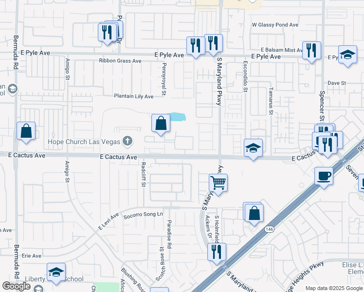 map of restaurants, bars, coffee shops, grocery stores, and more near 1050 East Cactus Avenue in Las Vegas