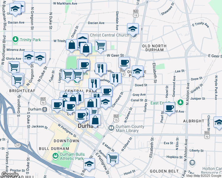 map of restaurants, bars, coffee shops, grocery stores, and more near 601 North Mangum Street in Durham