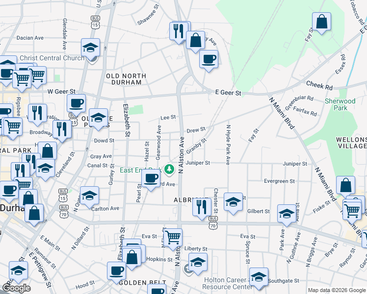 map of restaurants, bars, coffee shops, grocery stores, and more near 1401 Manteo Street in Durham