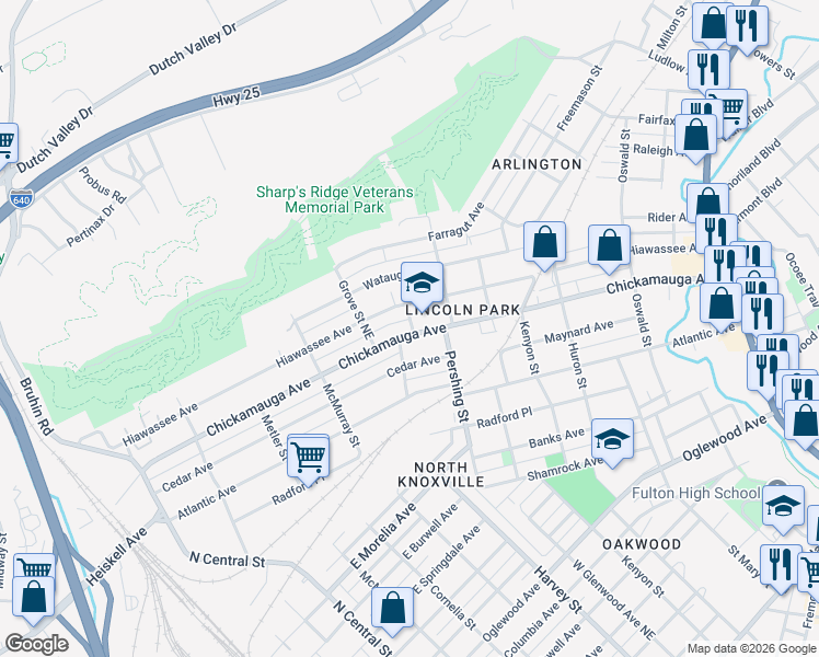 map of restaurants, bars, coffee shops, grocery stores, and more near 509 Chickamauga Avenue in Knoxville
