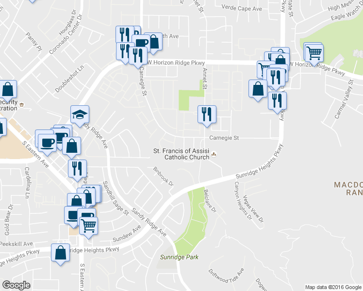 map of restaurants, bars, coffee shops, grocery stores, and more near 759 Rise Canyon Drive in Henderson