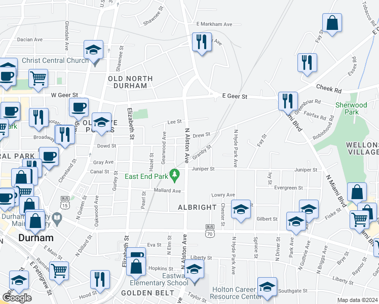 map of restaurants, bars, coffee shops, grocery stores, and more near 1401 Manteo Street in Durham