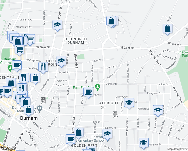 map of restaurants, bars, coffee shops, grocery stores, and more near 1209 Gearwood Avenue in Durham