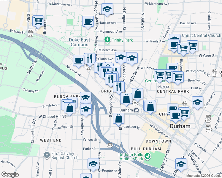 map of restaurants, bars, coffee shops, grocery stores, and more near 22 West Peabody Street in Durham