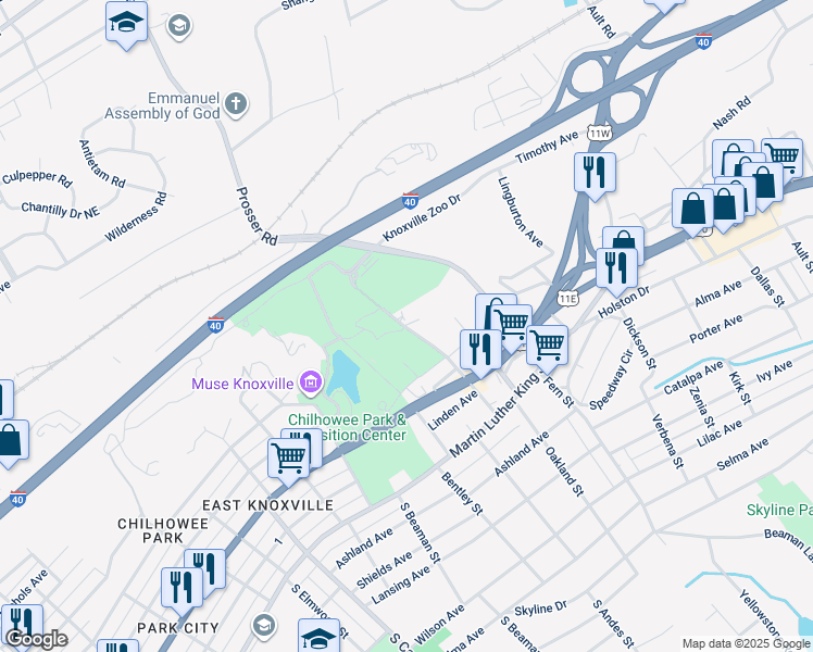 map of restaurants, bars, coffee shops, grocery stores, and more near 506 Lakeside Street in Knoxville