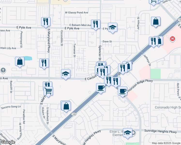 map of restaurants, bars, coffee shops, grocery stores, and more near 1650 Spanish Sky Avenue in Las Vegas
