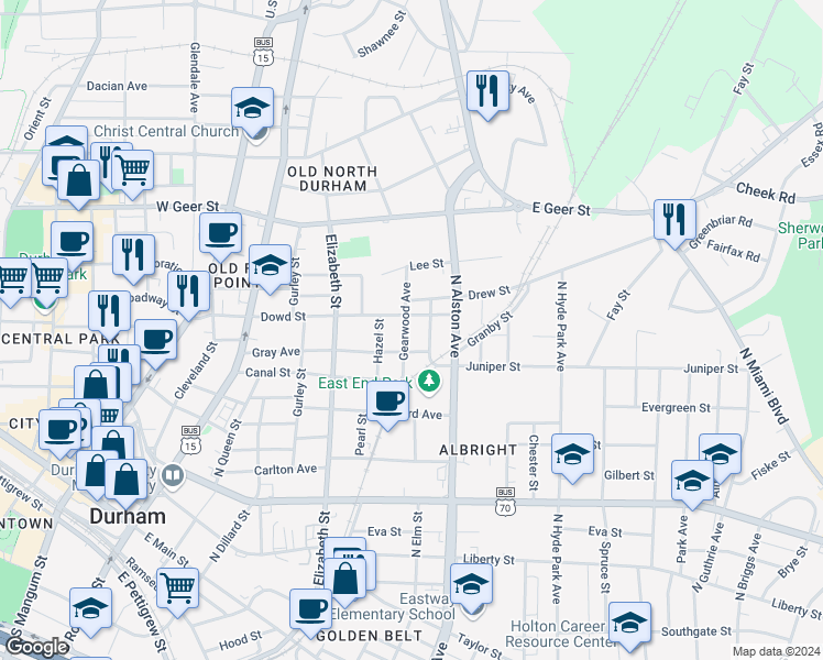 map of restaurants, bars, coffee shops, grocery stores, and more near 1210 Gearwood Avenue in Durham