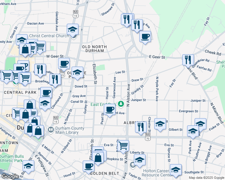 map of restaurants, bars, coffee shops, grocery stores, and more near 1209 Gearwood Avenue in Durham