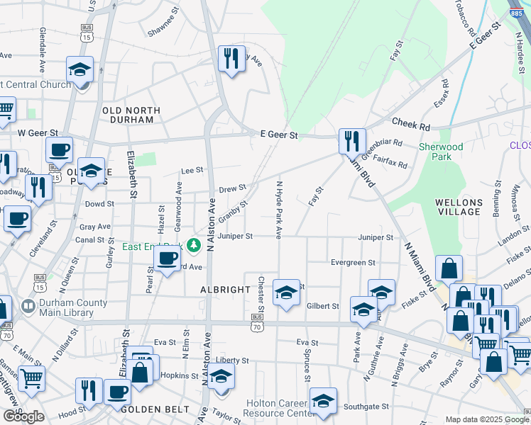 map of restaurants, bars, coffee shops, grocery stores, and more near 1403 North Hyde Park Avenue in Durham