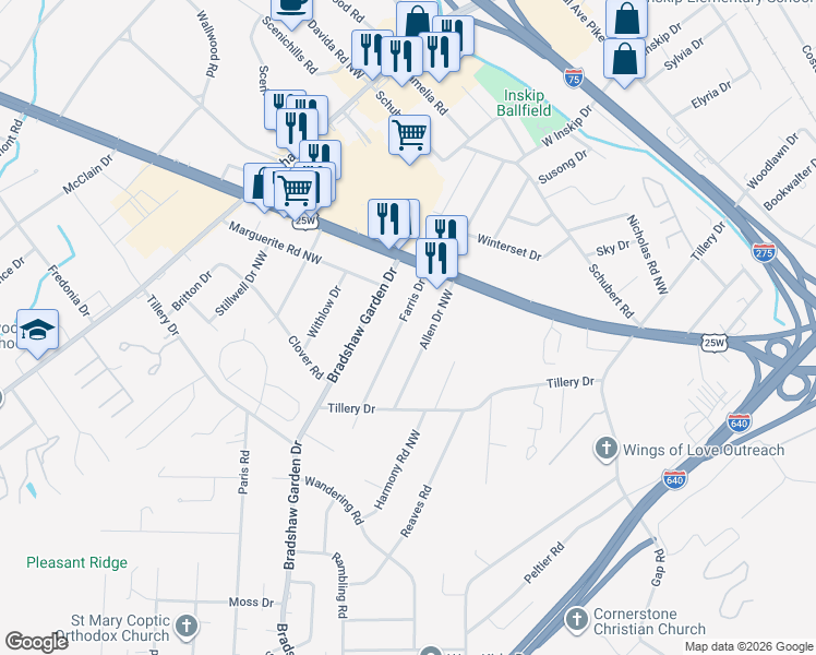 map of restaurants, bars, coffee shops, grocery stores, and more near 1103 Allen Drive Northwest in Knoxville