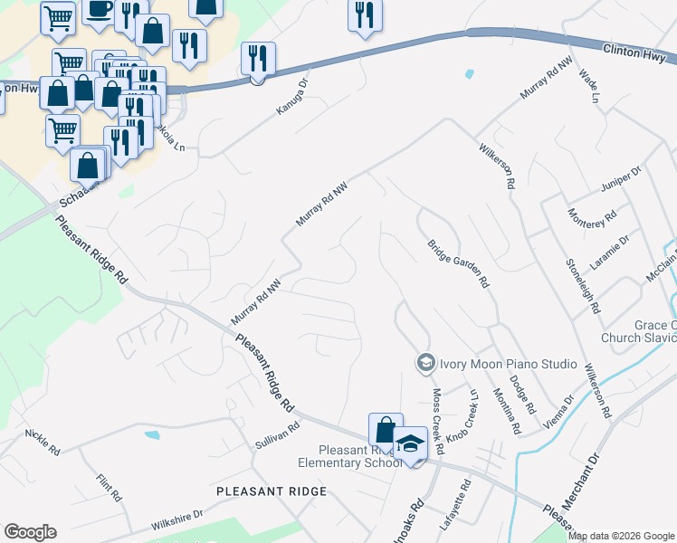 map of restaurants, bars, coffee shops, grocery stores, and more near 6031 Warrenpark Lane in Knoxville