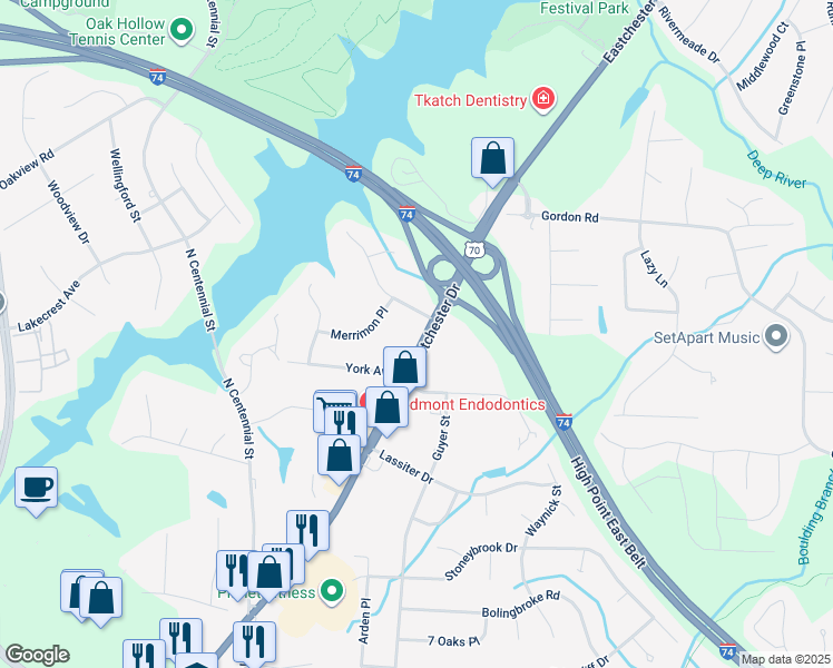 map of restaurants, bars, coffee shops, grocery stores, and more near 1611 Eastchester Drive in High Point