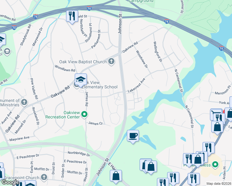 map of restaurants, bars, coffee shops, grocery stores, and more near 884 Lakecrest Avenue in High Point