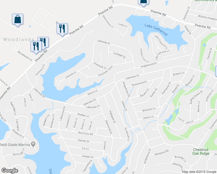 map of restaurants, bars, coffee shops, grocery stores, and more near 148 Shore Lane in Crossville