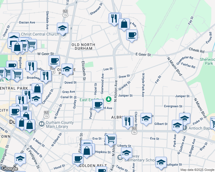 map of restaurants, bars, coffee shops, grocery stores, and more near in Durham