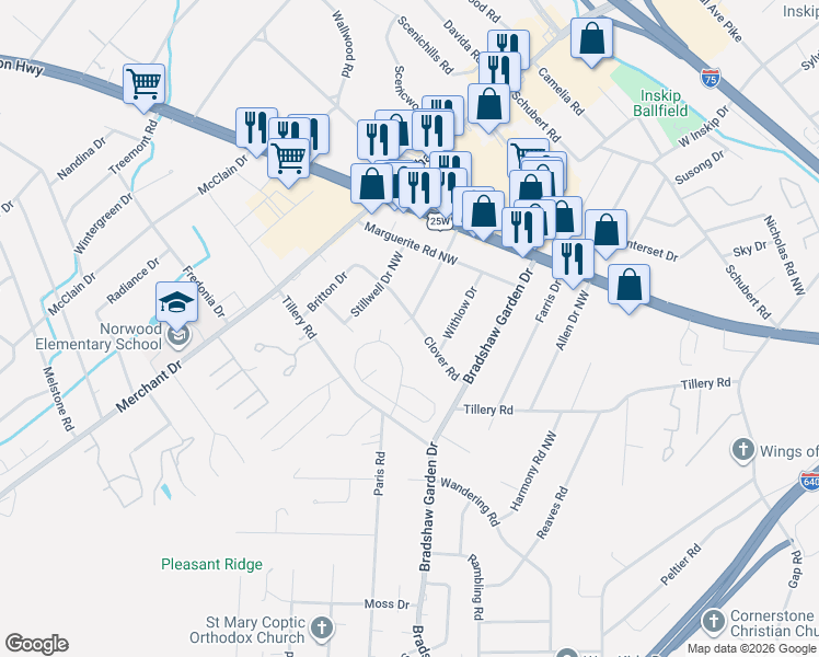 map of restaurants, bars, coffee shops, grocery stores, and more near 5117 Clover Road in Knoxville