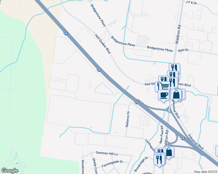 map of restaurants, bars, coffee shops, grocery stores, and more near 1604 Madison Drive in La Vergne