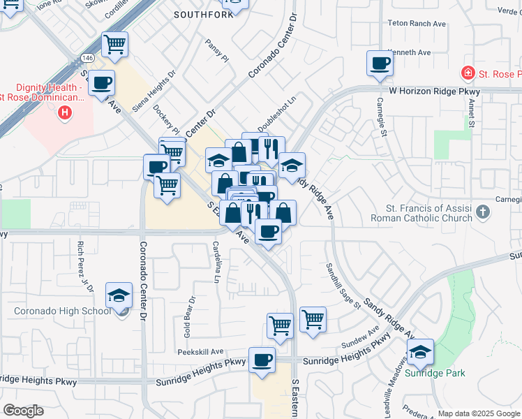 map of restaurants, bars, coffee shops, grocery stores, and more near 10608 South Eastern Avenue in Henderson
