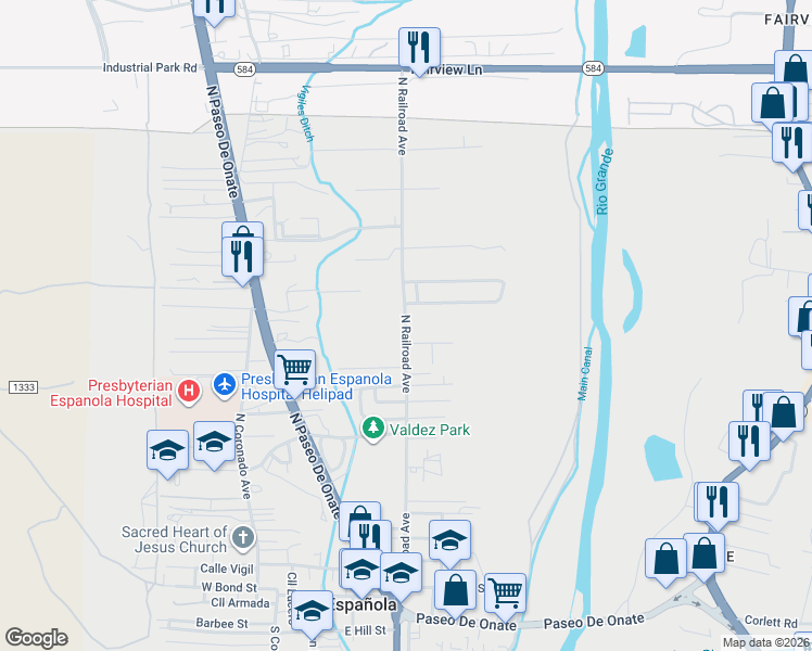map of restaurants, bars, coffee shops, grocery stores, and more near North Railroad Avenue in Española