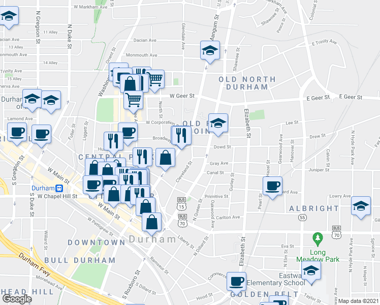 map of restaurants, bars, coffee shops, grocery stores, and more near 905 Cleveland St in Durham
