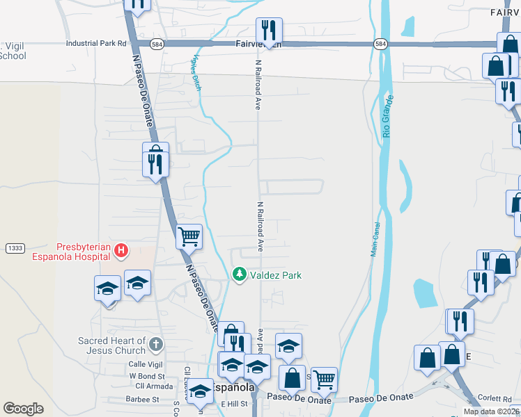 map of restaurants, bars, coffee shops, grocery stores, and more near North Railroad Avenue in Española
