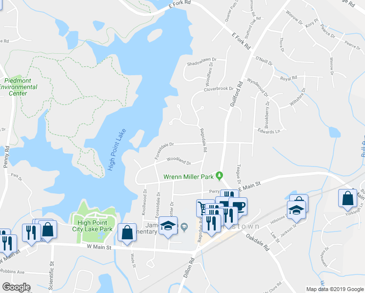 map of restaurants, bars, coffee shops, grocery stores, and more near 506 Forestdale Drive in Jamestown