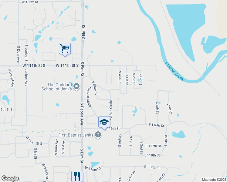 map of restaurants, bars, coffee shops, grocery stores, and more near 180 West 113th Court in Jenks
