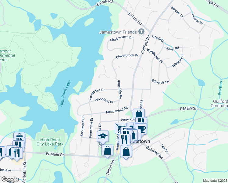 map of restaurants, bars, coffee shops, grocery stores, and more near 512 Forestdale Drive in Jamestown