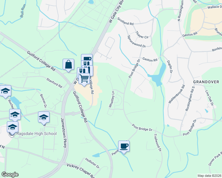 map of restaurants, bars, coffee shops, grocery stores, and more near Whatley Lane in Greensboro
