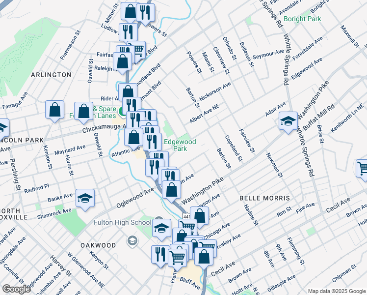 map of restaurants, bars, coffee shops, grocery stores, and more near 1620 Edgewood Avenue in Knoxville