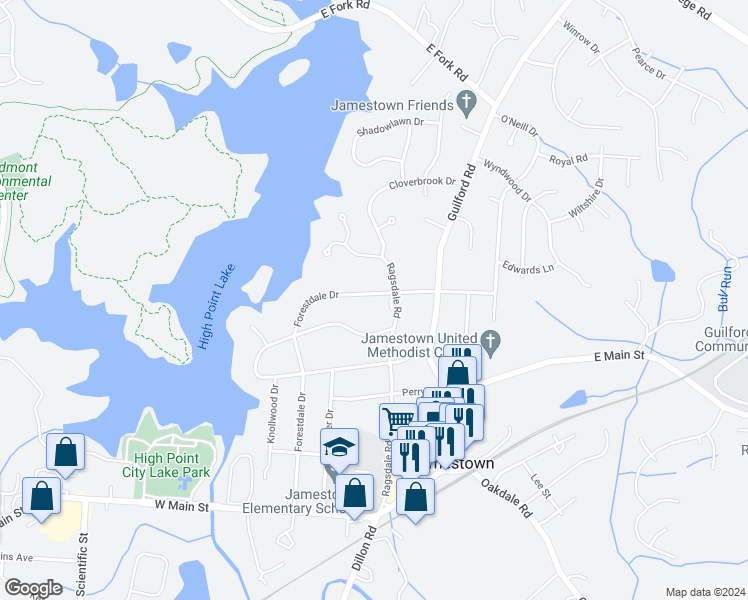 map of restaurants, bars, coffee shops, grocery stores, and more near 512 Forestdale Drive in Jamestown