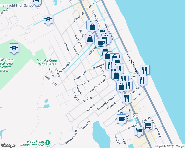 map of restaurants, bars, coffee shops, grocery stores, and more near 1309 Rosa Street in Kill Devil Hills
