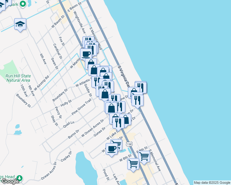 map of restaurants, bars, coffee shops, grocery stores, and more near 1505 Wrightsville Boulevard in Kill Devil Hills