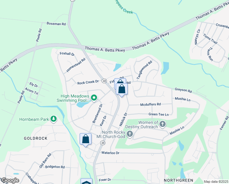 map of restaurants, bars, coffee shops, grocery stores, and more near North Carolina 48 in WESLEYAN COL