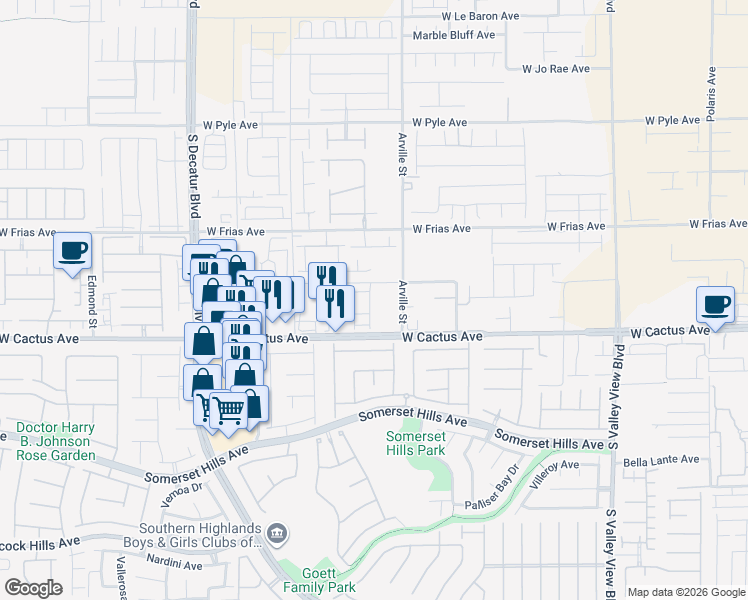 map of restaurants, bars, coffee shops, grocery stores, and more near 10432 Highlands River Street in Las Vegas