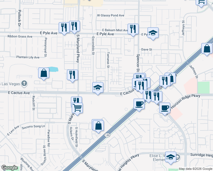 map of restaurants, bars, coffee shops, grocery stores, and more near 10448 Gunpowder Falls Street in Las Vegas
