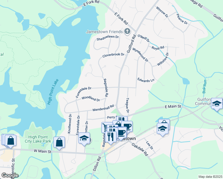 map of restaurants, bars, coffee shops, grocery stores, and more near 602 Forestdale Drive in Jamestown