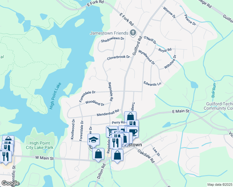 map of restaurants, bars, coffee shops, grocery stores, and more near 602 Forestdale Drive in Jamestown