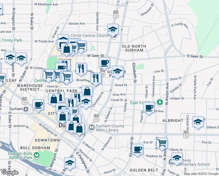 map of restaurants, bars, coffee shops, grocery stores, and more near 905 North Roxboro Street in Durham