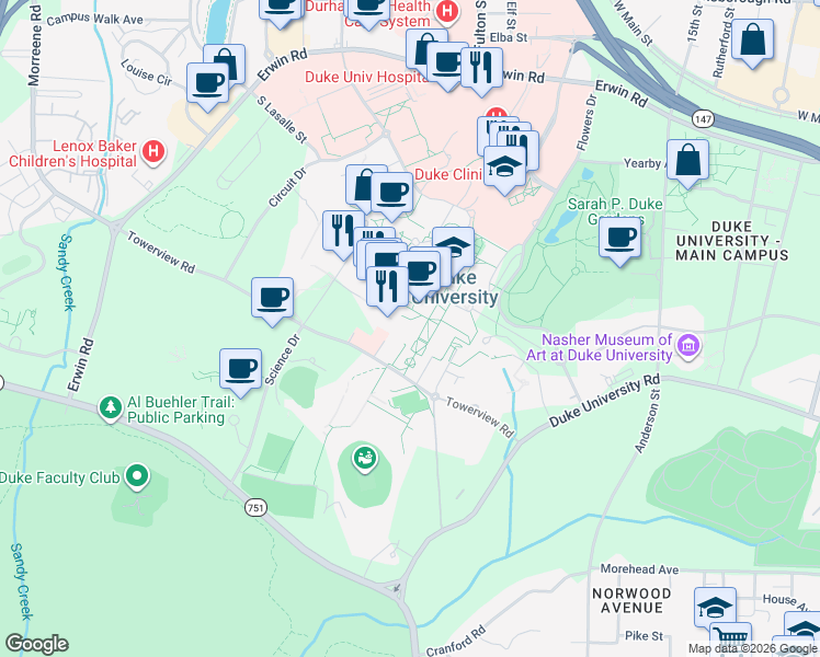 map of restaurants, bars, coffee shops, grocery stores, and more near in Durham