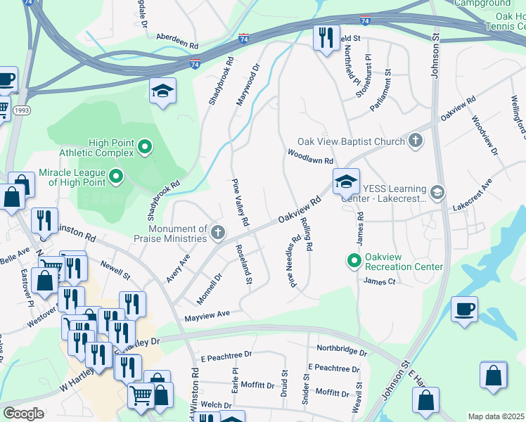 map of restaurants, bars, coffee shops, grocery stores, and more near 107 Jacklyn Court in High Point