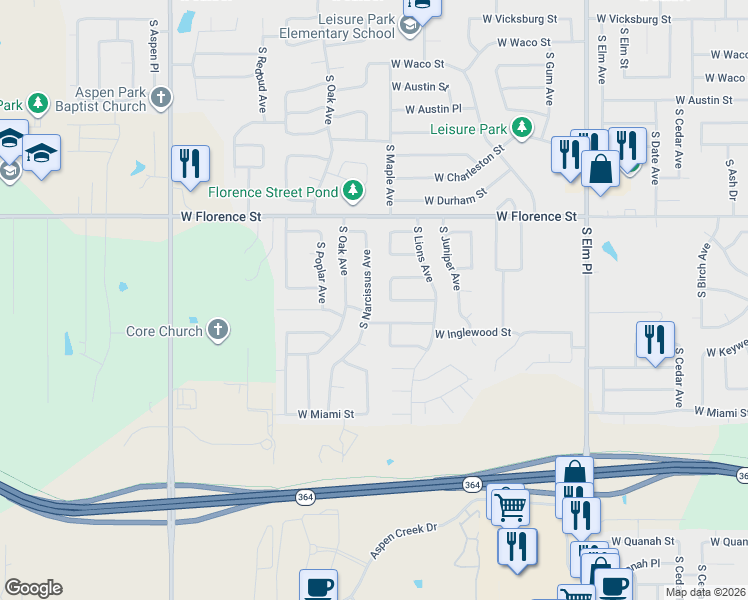 map of restaurants, bars, coffee shops, grocery stores, and more near 5005 South Narcissus Avenue in Broken Arrow